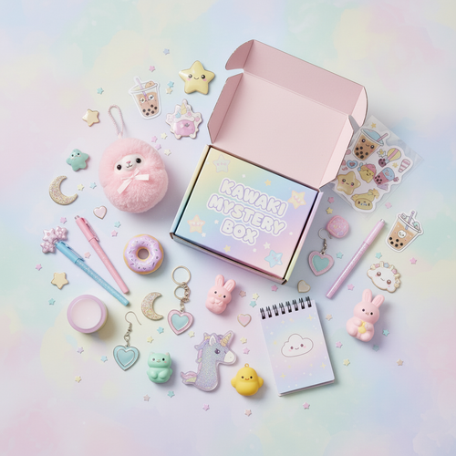 Kawaii Mystery Scoop Bundle - assorted kawaii novelty items flat lay